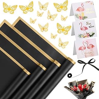 20 Sheets Flower Wrapping Paper - Waterproof Floral Bouquet Wrapping Paper, Florist Supplies with 3D Gold Butterfly Decor, Greeting Cardsn(Black)