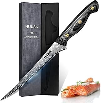 Huusk Damascus Fish Fillet Knife - 7 inch Flexible Boning Knives with VG10 Core, Kitchen Slicing Knife with Full Tang Handle, Christmas Gift for Men and Women