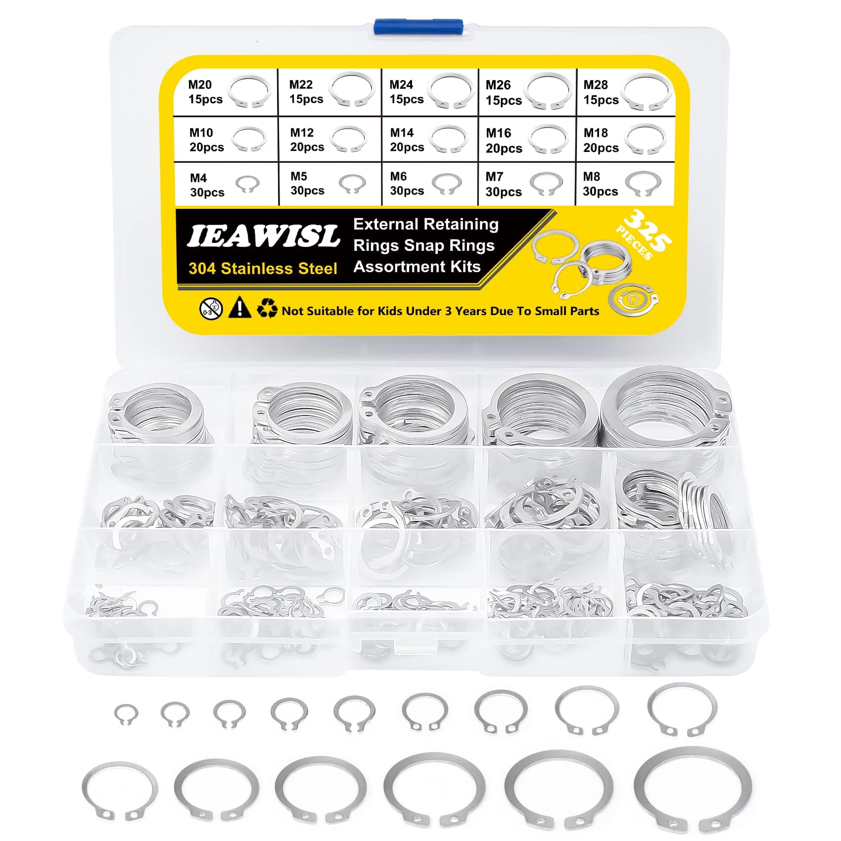Snap Ring Set, 325PCS Retaining Ring Set 304 Stainless Steel External Circlip, 15 Sizes C Clip Assortment Kit for Axles, Shafts, and Other Moving Parts