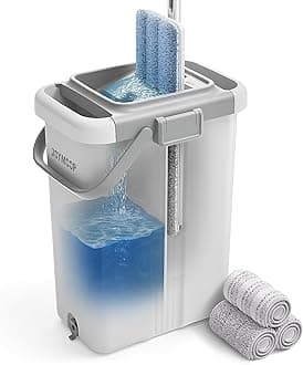 Mop and Bucket Set for Floor Cleaning and Wall Cleaner, Flat Mop and Bucket System Set (White, White X-Large Bucket #5 + 60" Flat Mop + 3 Pads)