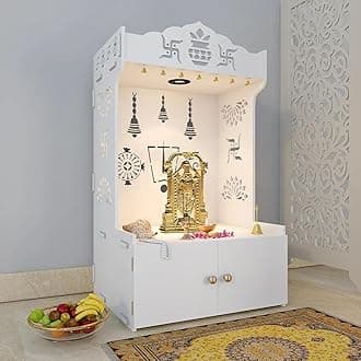 Intricate White Floor Temple for Home with Spacious Shelf & Inbuilt Focus Light Wooden | Home Temple with Focus Light and Shelf with Door | Pooja Mandir I Height 109 cm