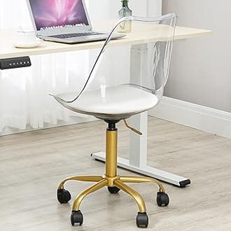 HOMEFUN Clear Desk Chair with Cushion, Armless Acrylic Rolling Chairs with Golden Feet Swivel Height Adjustable Ghost Molded Plastic and Wheels