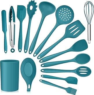 Teal Blue Kitchen Utensils Set, E-far 15-Piece Silicone Cooking Utensils with Holder, Non-stick Cookware Friendly & Heat Resistant, Includes Ladle Spatula Spoon Slotted Turner for Cooking & Baking
