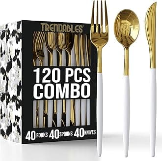 Trendables 120 Pack Disposable Silverware Set - Plastic Cutlery Dinnerware - Includes 40 - Forks - Spoons - Knives - White & Gold Plastic Silverware Utensils Party Set