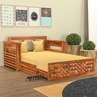 NATRAJ ART & CRAFT Solid Sheesham Wooden Sofa Cums Bed with Mattress for Living Room | Rosewood 2 Seater Sofa Cums Bed for Bedroom Without Pillow (Natural,Eldros, 2 Seater)