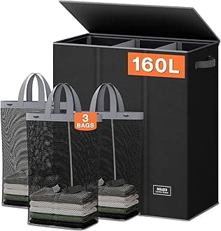 SOLEDI 160L 3 Section Washing Basket with Lid, Dirty Clothes Hamper and Laundry Bags, Large Hamper Organizer for Laundry Room, Bedroom, Black
