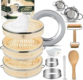 UPGRADED Bamboo Steamer Basket 10-Inch 2-Tier with handle|1x Stainless Steel Ring|2x Chopsticks|50x Perforated Liners|1x Sauce bowl| Easy to clean|Dumpling Steamer Baskets for Cooking Rice & Vegetable (Full Set [10-Inch] with Dumpling Tools)