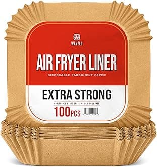 WAVELU Air Fryer Disposable Parchment Paper Liners | EXTRA STRONG | 100pcs | Food Grade Non-stick Unbleached Liners | Oil & Waterproof Sheets for Air Frying, Baking & Microwave (SQUARE 7.9 IN (5-8QT))