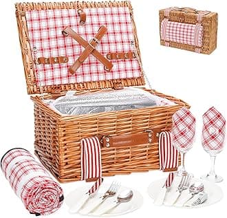 Wicker Picnic Basket for 2 with Large Insulated Cooler Compartment and Waterproof Picnic Blanket, Cutlery Service Kits, Wicker Picnic Hamper for Camping, Valentine Day,Thanks Giving,Birthday(Red)