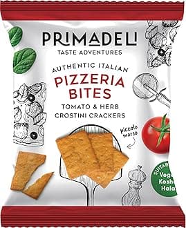 Primadeli - Crisp and Delicious Tomato & Herb Crostini Crackers - Pizzeria Bites - Vegan - 25g x 24 bags (25g (Pack of 24), Pizzeria Bites)