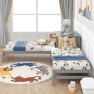 SOFTSEA Twin L-Shaped Beds, Corner Platform Beds with Built-in Table for 2 Kids