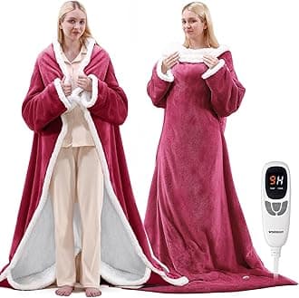 VOLISUN Wearable Heated Blanket with Foot Pocket,Electric Snuggle Throw Blanket with Sleeves,9 Heating Levels & 1-10 Hours Auto Shut Off,50x70 Inch,Red