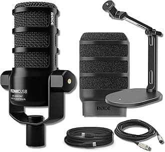 Rode PodMic USB and XLR Dynamic Broadcast Microphone with Rode Desk Stand 2 (DS2), XLR Cable, and StreamEye Polishing Cloth