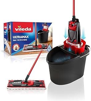 Vileda UltraMax Flat Mop and Bucket Set, Red, 2 Count (Pack of 1), 155737