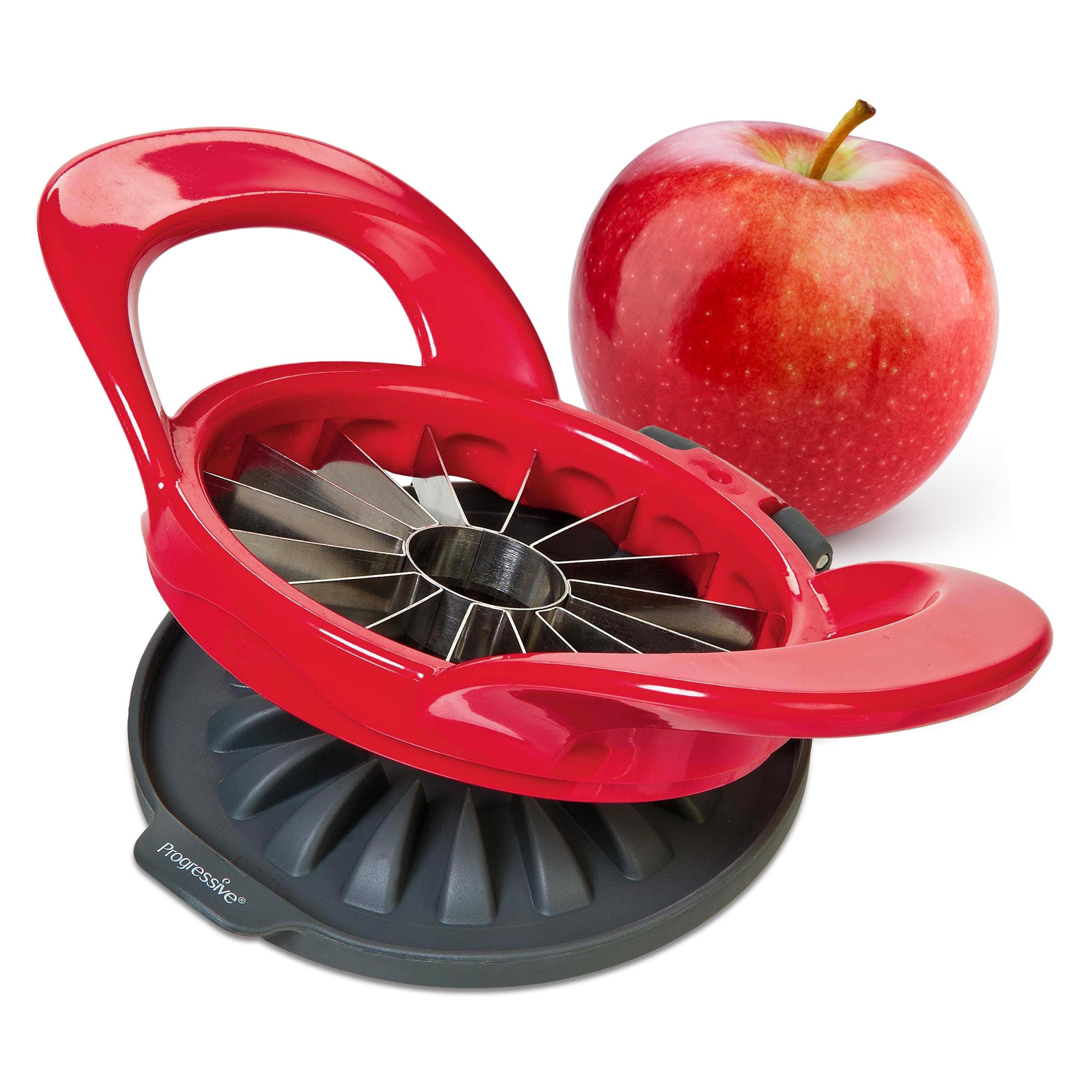 Progressive Prepworks by 16-Slice Thin Apple Slicer and Corer, GPC-2701, Perfect for Apples or Pears, Attached Safety Cover Protect Fingers while In-Use and Blades while in Storage, Red
