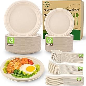 Compostable Paper Plates Set 250Pcs Heavy-Duty Disposable Plate And Utensil Biodegradable Dinnerware For Party Sugarcane Plates, Extra Long Forks & Knives & Spoons For 50 People, Brown