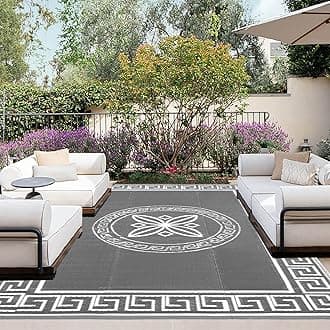 OutdoorLines Outdoor Reversible Rugs for Patio 6x9 ft - Plastic Area Rug, Stain & UV Resistant Portable RV Carpet, Plastic Straw Mats for Porch, Pool Deck and Camping Quatrefoil/Gray & White