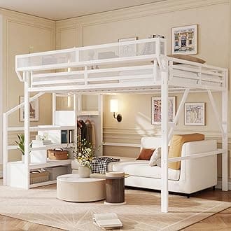 Mirightone Queen Size Loft Bed with Stairs and Storage, Metal Loft Bed Frame with Bedside Shelf and Large Under-Bed Space, Heavy-Duty Loft Beds for Adults Teens and Kids, Convertible Staircase, White