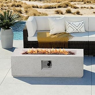 Outdoor Propane Fire Pit Coffee Table, 42-inch x 13-inch Terrazzo Rectangle Base Patio Heater w Certified, 50,000 BTU Stainless Steel Burner, Free Lava Rocks and Rain Cover
