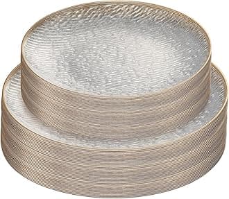 PLASTICPRO 96 Pieces Elegant Plastic Plates for Party Clear with Gold Rim Includes 7" inch and 10" inch Fancy Plastic Plates Disposable Dinnerware