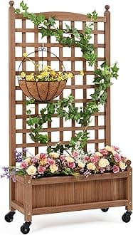 Raised Bed Fir Wood Raised Garden Bed Raised Planter Box for Vine Climbing Plants with Trellis and Wheels for Vegetable Flower Herbs