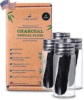 rebEarth Natural Deep Clean Charcoal Floss - Oral Care Dental Floss w/Mint Flavor, 30m Tooth Floss in Glass Container, Bamboo Floss w/Reusable Floss Container, Smooth & Shred Resistant (Pack of 4)