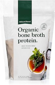 Natural Force - Pure Organic Bone Broth Protein Powder, Grass-Fed & Keto Certified, Types I, II & III Collagen, Unflavored, Perfect for Soups & Cooking, 10.8 oz