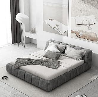 Poppins HOME Modern Fabric Upholstered Bed Frame – Queen/King Size with Grey Square Headboard (No Mattress (Grey, 180X200cm)
