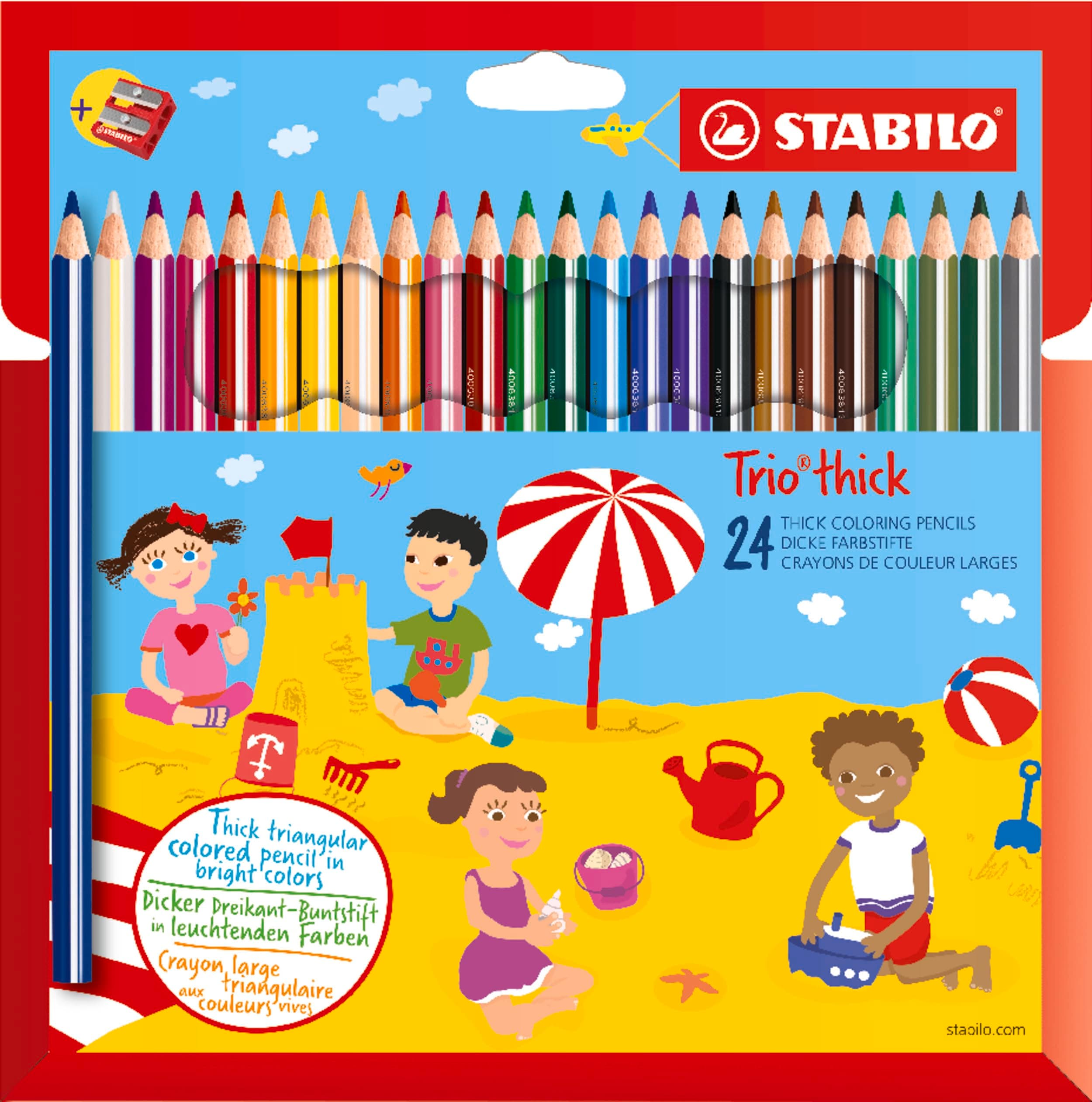 STABILO Trio thick - Triangular Colouring Pencil - Pack of 24 - Assorted Colours with Sharpener
