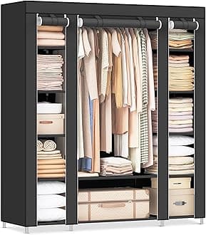 SONGMICS 59" Portable Clothes Closet Wardrobe Storage Organizer with Non-Woven Fabric, Quick and Easy to Assemble, Extra Strong and Durable, Black ULSF03H