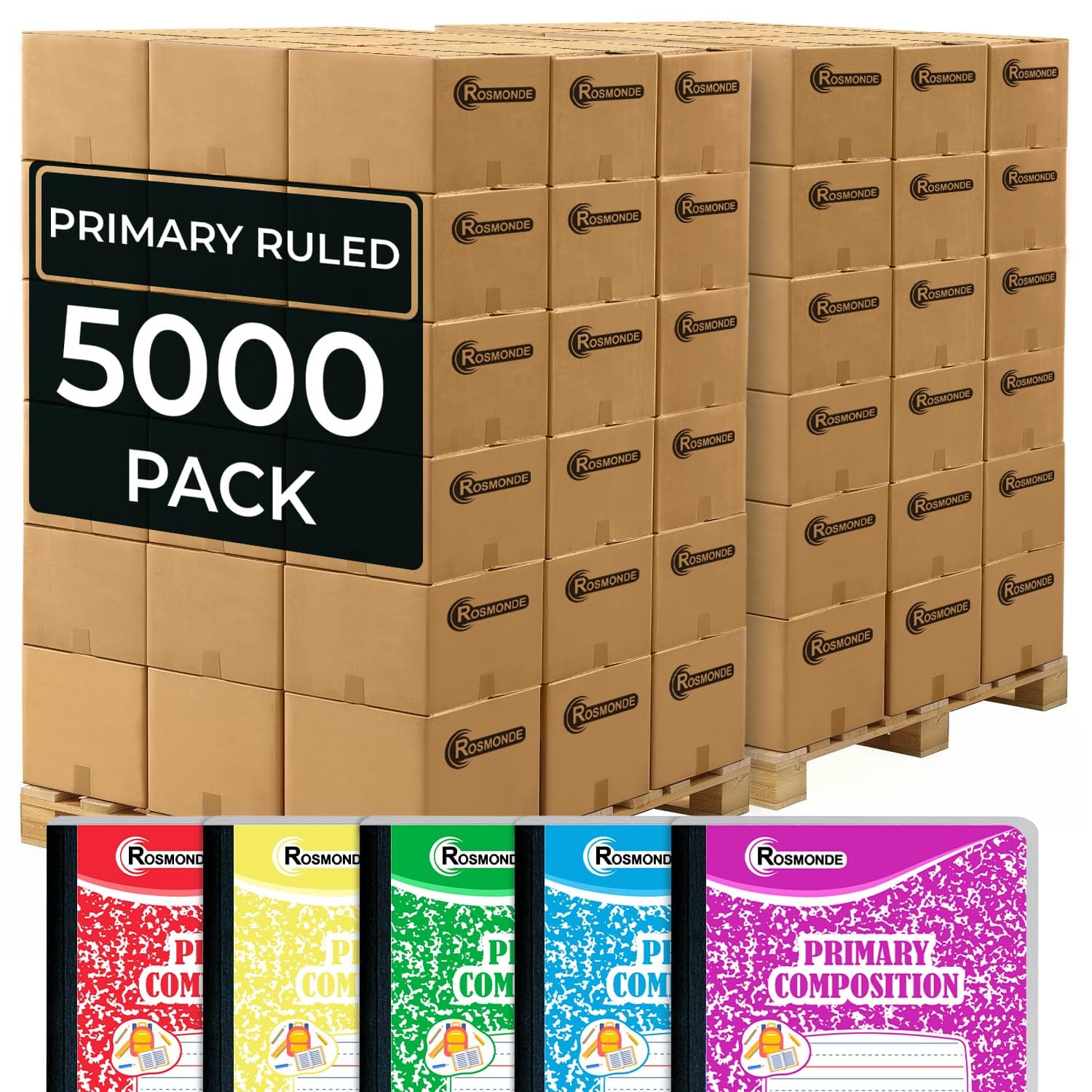 Rosmonde 5000 Pack (Pallet) Primary Ruled Composition Notebooks Bulk, 200 Pages (100 Sheets), 9-3/4 x 7-1/2, Bulk Notebooks for Grades K-2, School Districts, Wholesale Purchasing, 4-7 Days Transit