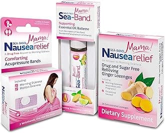 Mama! Nausea Relief Pregnancy Kit with Anti-Nausea Acupressure Bands, Ginger Lozenges & Essential Oil Rollette