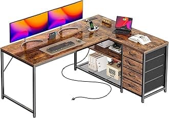 - 53" L Shaped Desk with Power Outlets and USB-C Port, Reversible Computer Corner Office Desk with 4 Fabric Drawers and 2 Height-Adjustable Shelves, Large for Gaming Writing Study, Rustic Brown