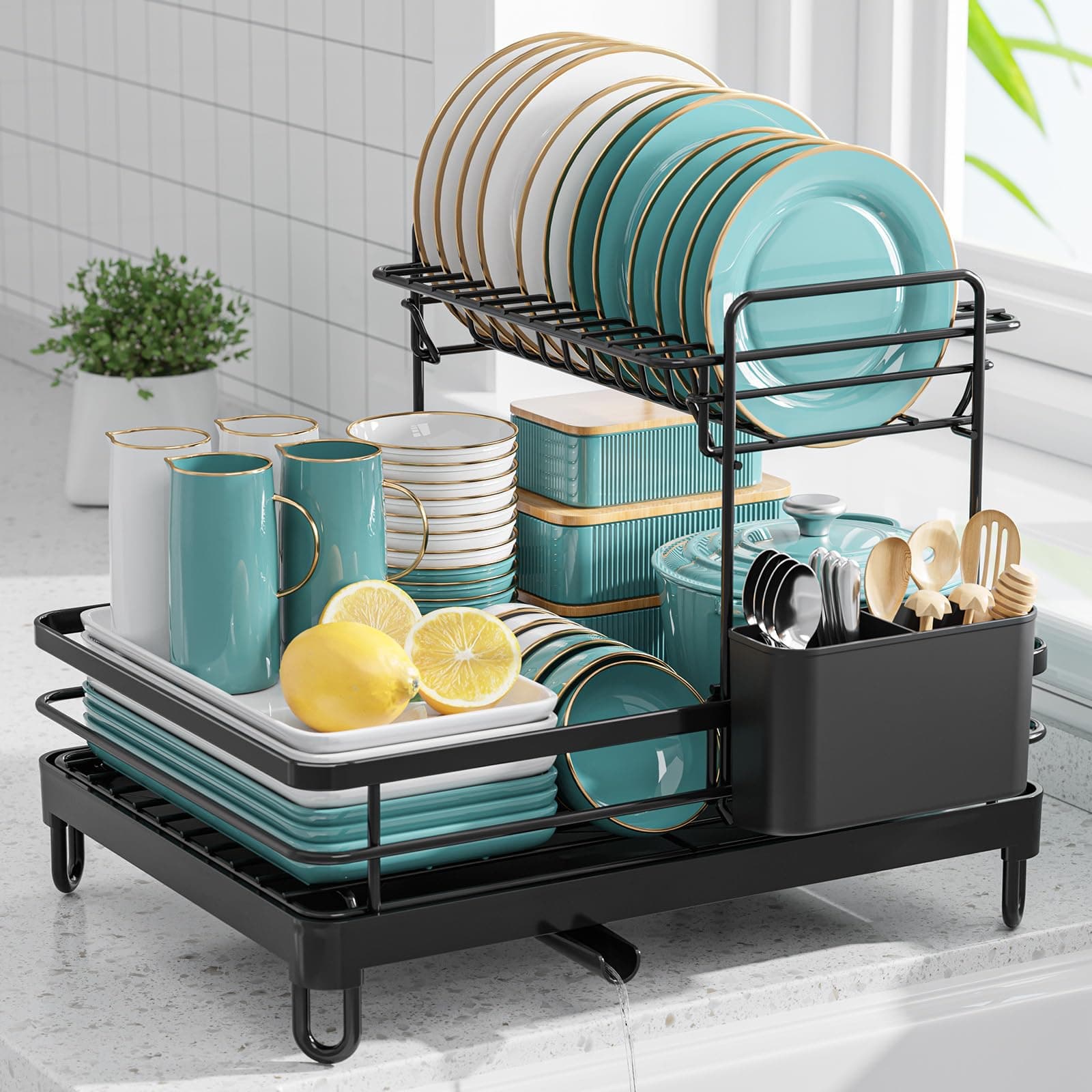 Dish Drying Rack - X-Large Stainless Steel Dish Rack for Kitchen Counter, 2-Tier Kitchen Organizers and Storage for Dishes, Bowls, Cutlery, Black