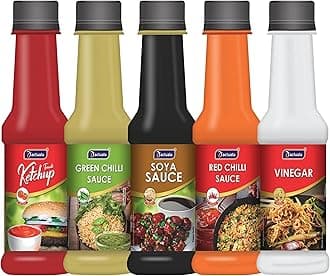AACTUALA Tomato Ketchup, Green Chilli Sauce, Soya Sauce, Red Chilli & White Vinegar | 100% Natural | No Preservatives | Combo Pack (200g Each) - Pack of 5