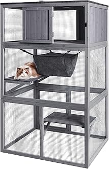 X-ZONE PET Catio Wooden Cat House, Outdoor 3 Floors Cat Enclosure, Indoor Large Kitten playpen with Hammock & Resting Box, Cat Cage Waterproof Roof