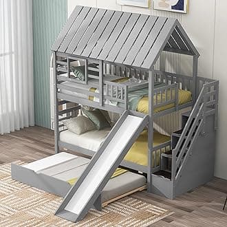 Harper & Bright Designs Stairway Bunk Bed with Slide for Boys Girls, Twin Over Twin House Bunk Bed with Trundle and Stairs for Kids Teens, No Box Spring Required, Space Saving, Gray