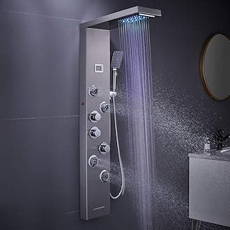 MENATT LED Shower Panel Tower System, 6 in 1 Stainless Steel LED Shower Column, Rainfall & Waterfall Head, Massage Jets, Tub Spout, Handheld Shower(Brushed)