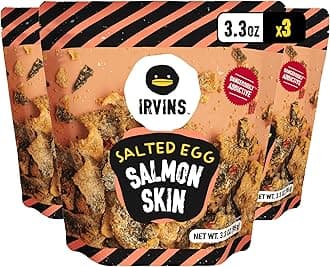 IRVINS Salted Egg Salmon Skin Chips & Crisps - Premium Hand Cooked, Halal, Keto-Friendly, High Protein Snack | Dangerously Addictive | (3.3 oz, Pack of 3)