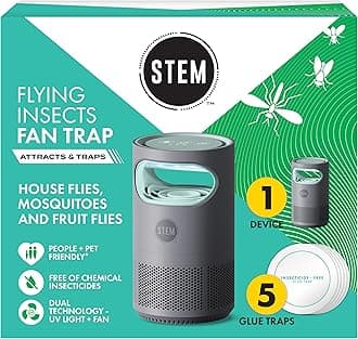Flying Insect Fan Trap for Indoor Bug Control, Attracts Mosquitoes, Fruit Flies, and House Flies, Plug-in Fan with UV Light, Starter Kit Includes 1 Device and 5 Glue Traps