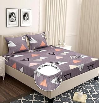 Premium Cotton Elastic Fitted Bedsheets with 2 King Size Pillow Covers | Double Bed with All Around Elastic 180 TC Supersoft | Size - 72 King Sizex78+10 inches | Blue,White & Orange