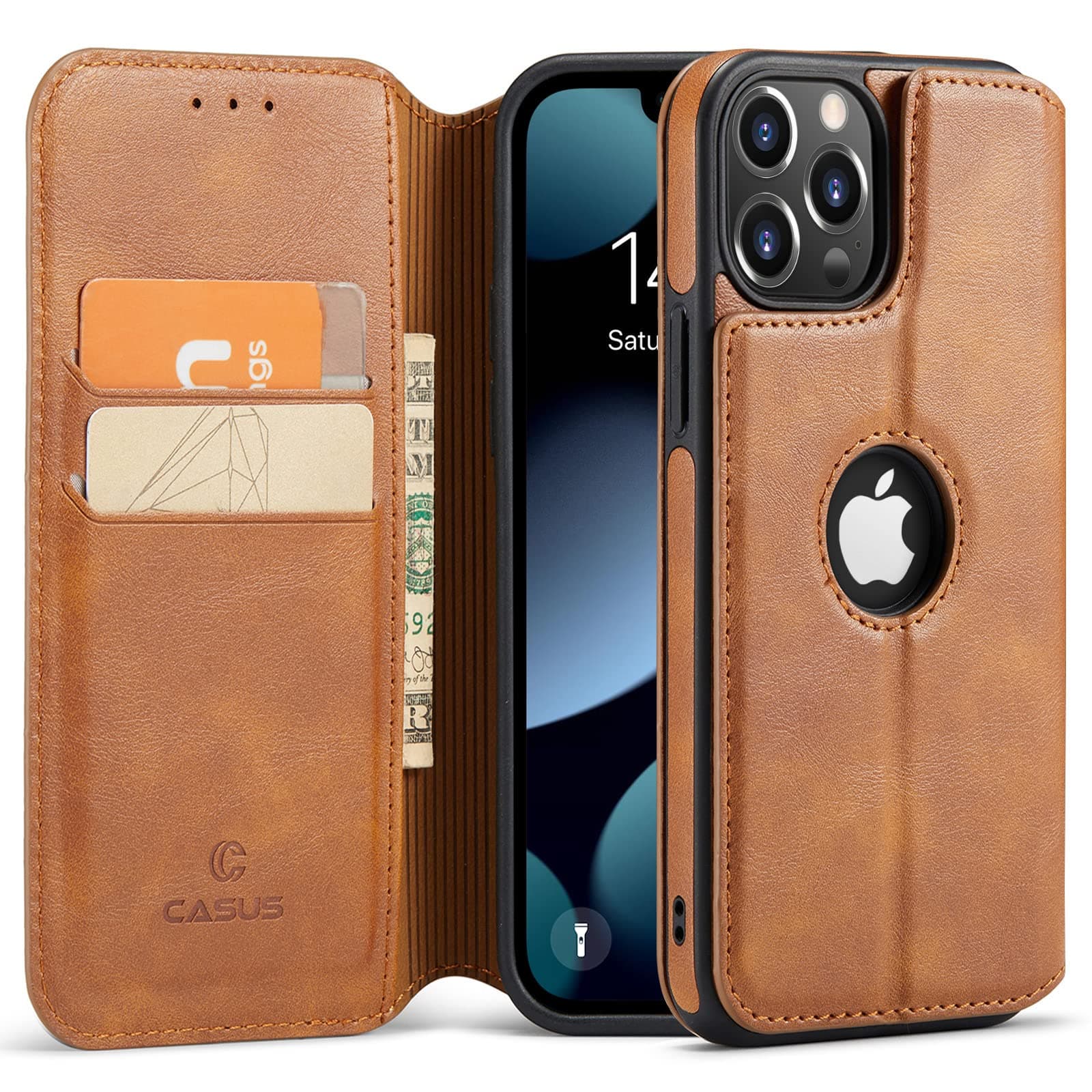 Casus Logo View Compatible with iPhone 13 Pro Max Wallet Case Slim Magnetic Flip Cover Faux Leather with Card Holder Slot Thin Kickstand (2021) 6.7" (Brown)