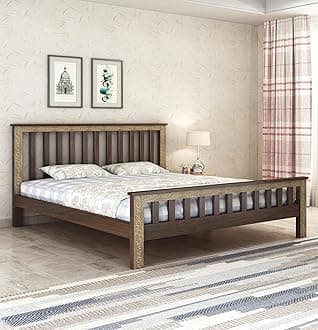 Wooden Queen Size Bed Without Storage | Traditional Double Bed Cot Bed with Brass Work for Bedroom & Hotel | Palang/Platform Bed | Sheesham Wood | Walnut, Recommended Mattress Size: 78 X 60 X 6