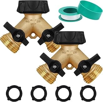 Biswing 2 Pack Garden Hose Splitter 2 Way, Heavy Duty Brass Connector Tap Splitter, Y Splitter 2 Valves with 4 Extra Rubber Washers