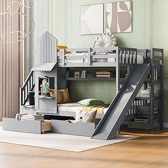 SOFTSEA Twin Over Twin Bunk Bed with Slide and Storage Solid Wood Bunk Bed Frame with Staircase and Drawers, Grey