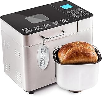 Elite Gourmet Programmable 2-Lb Bread Maker, PFAS Free Ceramic Ceralast™ Pan, Touch Screen Control Panel, 19 Functions, Gluten Free, White, Wheat, Rye & More, 3 Loaf Sizes, Stainless Steel