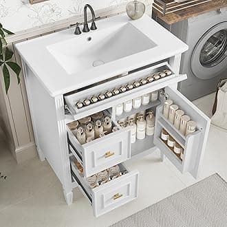 Harper & Bright Designs 30" Bathroom Vanity with Sink, Free Standing Vanity Set with Tip-Out Drawer, 2 Drawers, and Adjustable Shelf, Wood Bathroom Cabinet with Ceramic Basin for Bathroom, White