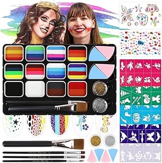 Dreamon Face Paint Kit for Kids Adults | 12 Split Cake Palettes Face Painting Set | Includes Stickers, Brushes, Sponges, Professional Rainbow Face Body Painting Kits