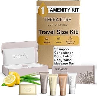 Terra Pure Spa Collection Amenity Kit | Hotel Bulk Toiletries | 0.85 oz Shampoo, Conditioner, Lotion, Body Wash, Massage Bar for Guest Hospitality Vacation Rentals | 1 Set/Case