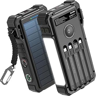 Solar Power Bank 20000mAh Built-in Cables, Wireless Charger for Apple Watch, 20W Fast Charging Battery Pack with USB C, Flashlight, Solar Charger for iPhone, iPad, iWatch, Samsung